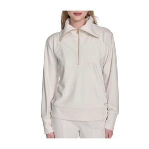 Halston Women White Ribbed Quarter-Zip Pullover Funnel Neck Gold Hardware XXL